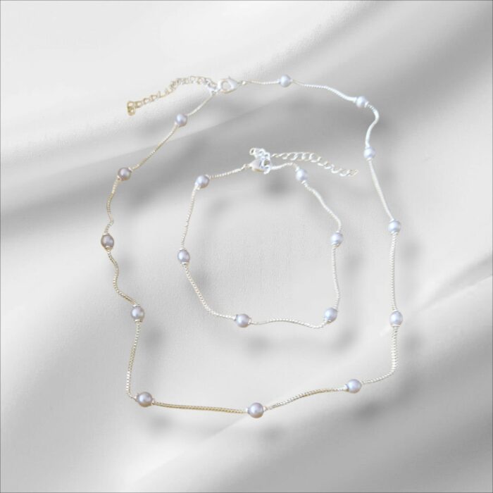 Conjunto de Colar e Pulseira com Pérolas e Cordão em Prata - Image 2