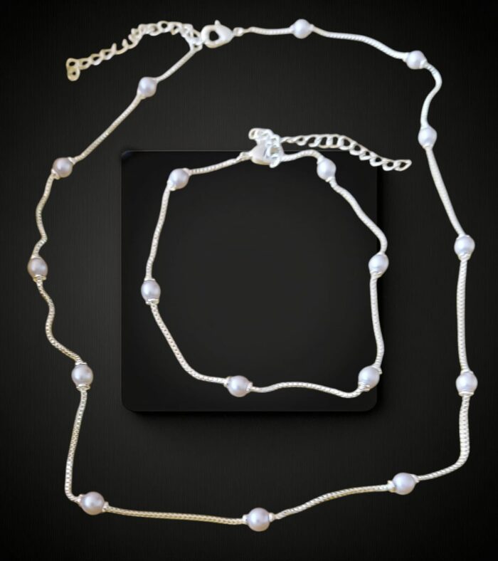 Conjunto de Colar e Pulseira com Pérolas e Cordão em Prata - Image 3