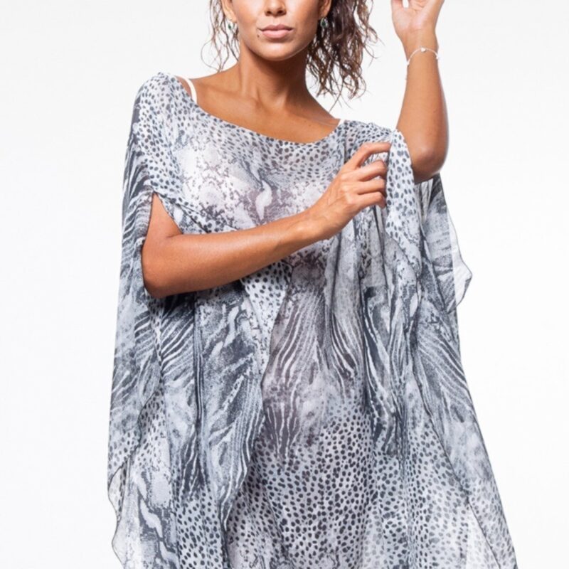 Saída Vestido Kaftan Curto Crepe Estampado Animal Print Cinza Branco