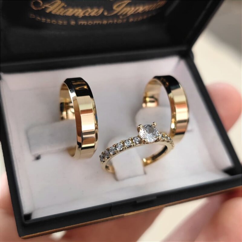 Conjunto Alianças Mod. Italiana 6mm + Anel Solitário Madrid