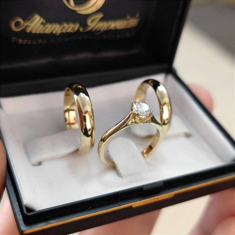 Kit Promocional ( Par de Alianças Abauladas 4mm + Anel Solitário Condessa )