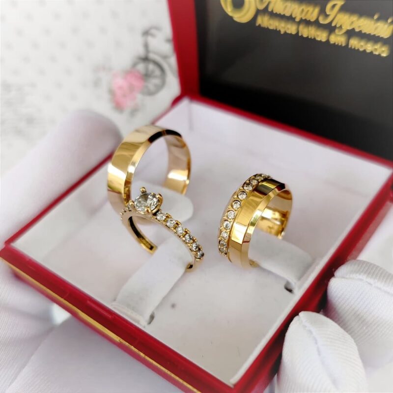 Par Alianças 8mm com 12 pedras mod.PD05 + Anel Madrid