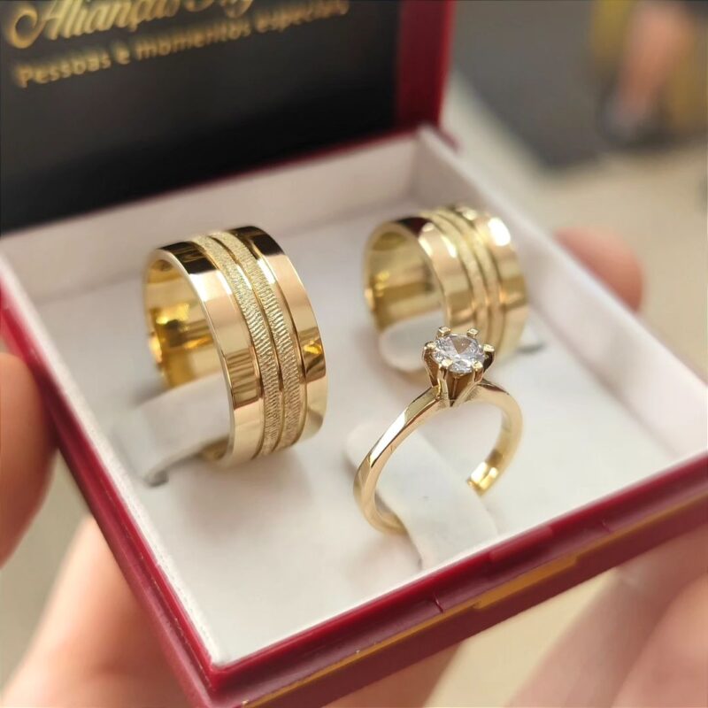 Par Alianças de Moedas Antigas 10mm Granitado + Anel Princesa