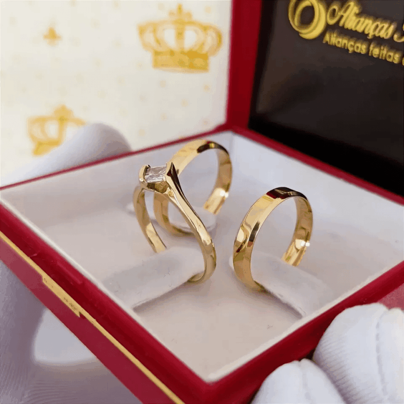 Par de Alianças 4mm Mod. Italiana + Anel Solitário Plaza