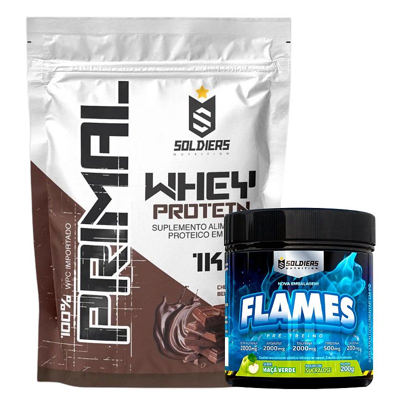 Kit: Whey Protein Primal 1Kg 100% Importado + Pré- Treino Flames - Soldiers Nutrition