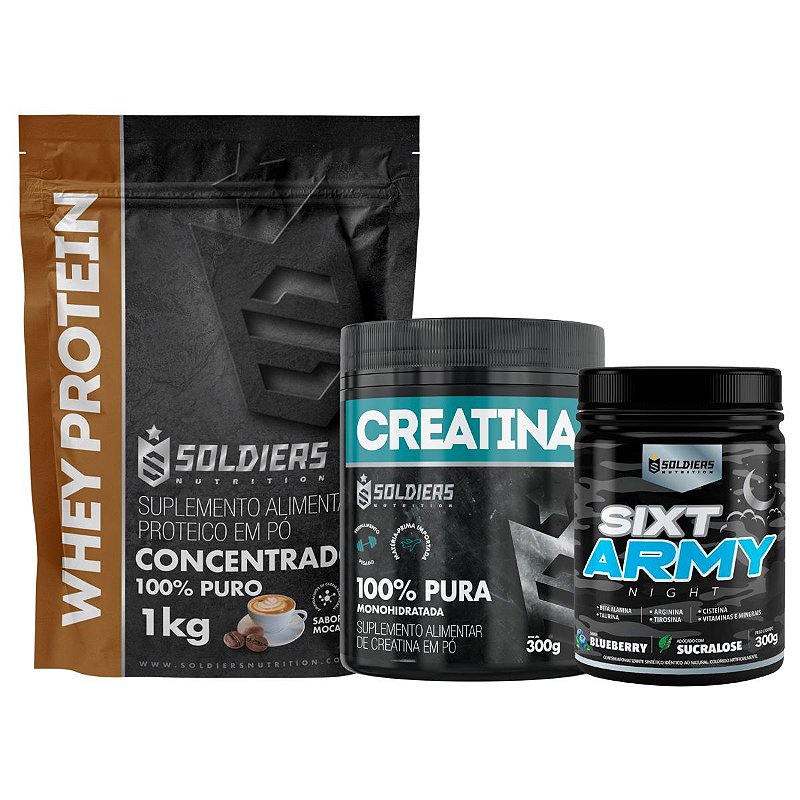 Kit: Whey Protein Concentrado 1kg+Creatina Monohidratada Pote 300g - 100% Pura+Pré-Treino Sixt Army Night 300g - Soldier
