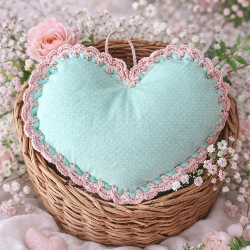 Coração Verde Água Poá e Crochê