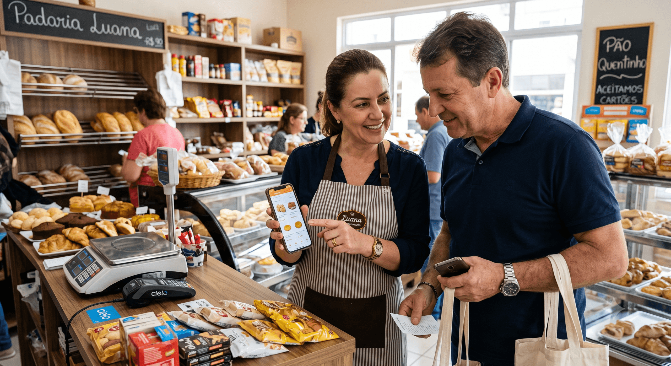 Comerciante no celular respondendo clientes